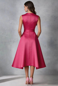 Fuchsia Deep V-Neck A Line Mid-Calf Wedding Guest Dress with Bow