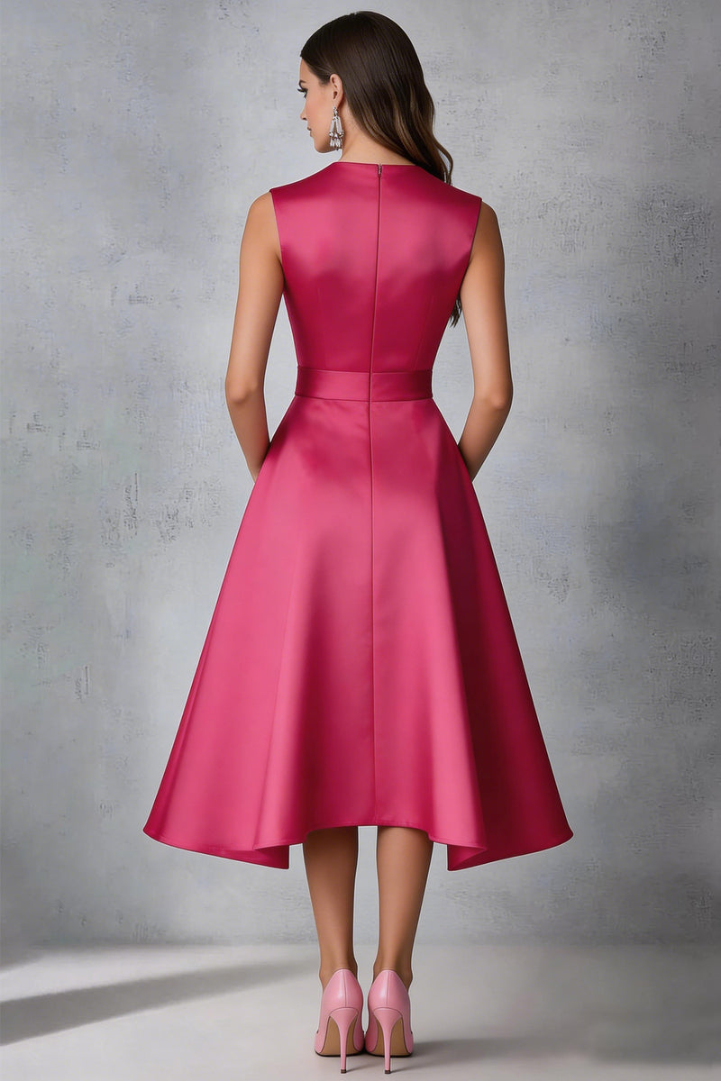 Load image into Gallery viewer, Fuchsia Deep V-Neck A Line Mid-Calf Wedding Guest Dress with Bow