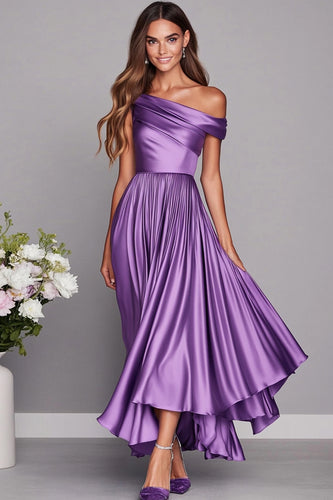 Lilac One Shoulder Satin Pleated Long Wedding Guest Dress