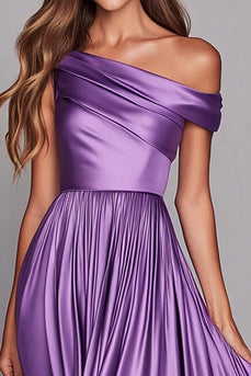Lilac One Shoulder Satin Pleated Long Wedding Guest Dress