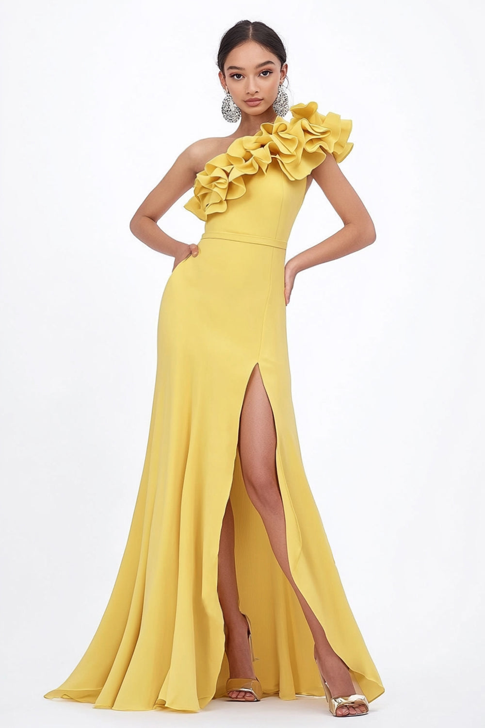 Yellow Sheath Satin Ruffled Long Wedding Guest Dress with Slit
