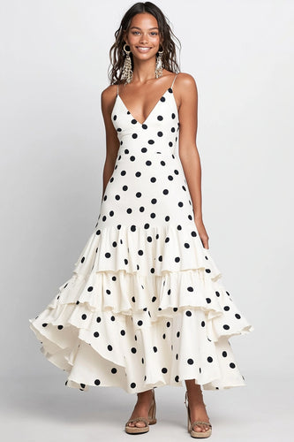 White Black Dot A Line Chiffon Tiered Long Wedding Guest Dress