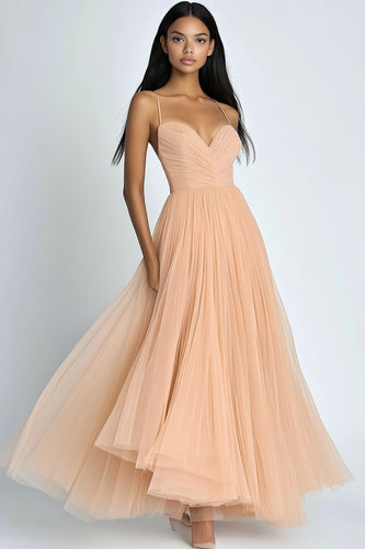 Peach A Line Pleated Long Wedding Guest Dress