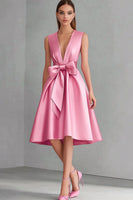 Load image into Gallery viewer, Pink Satin A Line Midi Wedding Guest Dress with Bow
