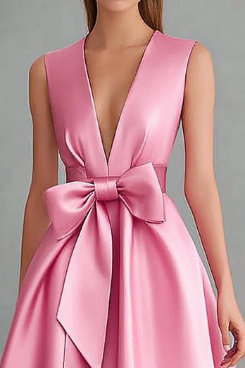 Pink Satin A Line Midi Wedding Guest Dress with Bow