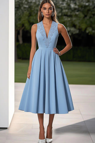 Sky Blue Deep V-Neck A Line Mid-Calf Wedding Guest Dress with Appliques