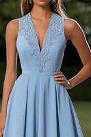 Load image into Gallery viewer, Sky Blue Deep V-Neck A Line Mid-Calf Wedding Guest Dress with Appliques