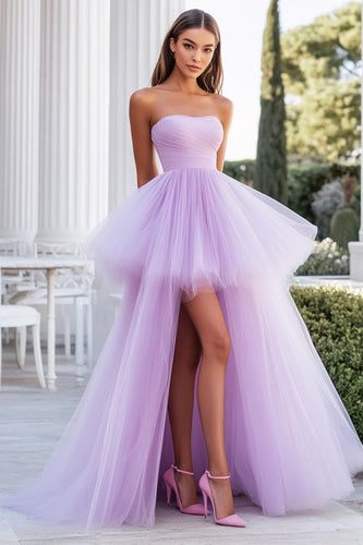 Lilac Strapless Tulle High Low Wedding Guest Dress