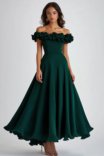 Dark Green Off the Shoulder Ruffled Long Wedding Guest Dress