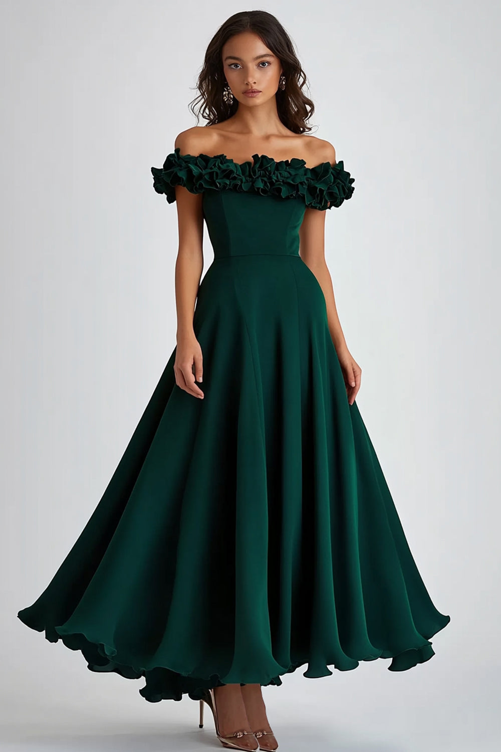 Dark Green Off the Shoulder Ruffled Long Wedding Guest Dress
