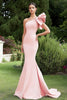 Load image into Gallery viewer, Pink One Shoulder Mermaid Satin Long Wedding Guest Dress with Ruffles