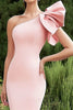 Load image into Gallery viewer, Pink One Shoulder Mermaid Satin Long Wedding Guest Dress with Ruffles