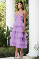 Load image into Gallery viewer, Lilac Chiffon V-Neck Tiered Mid-Calf Wedding Guest Dress