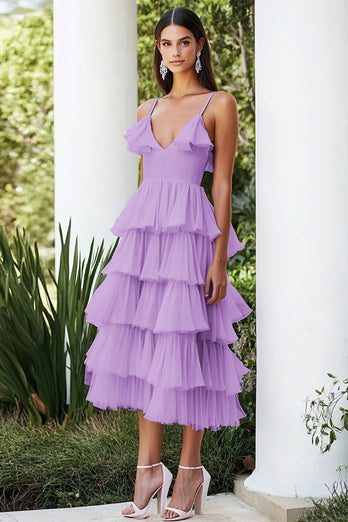 Lilac Chiffon V-Neck Tiered Mid-Calf Wedding Guest Dress