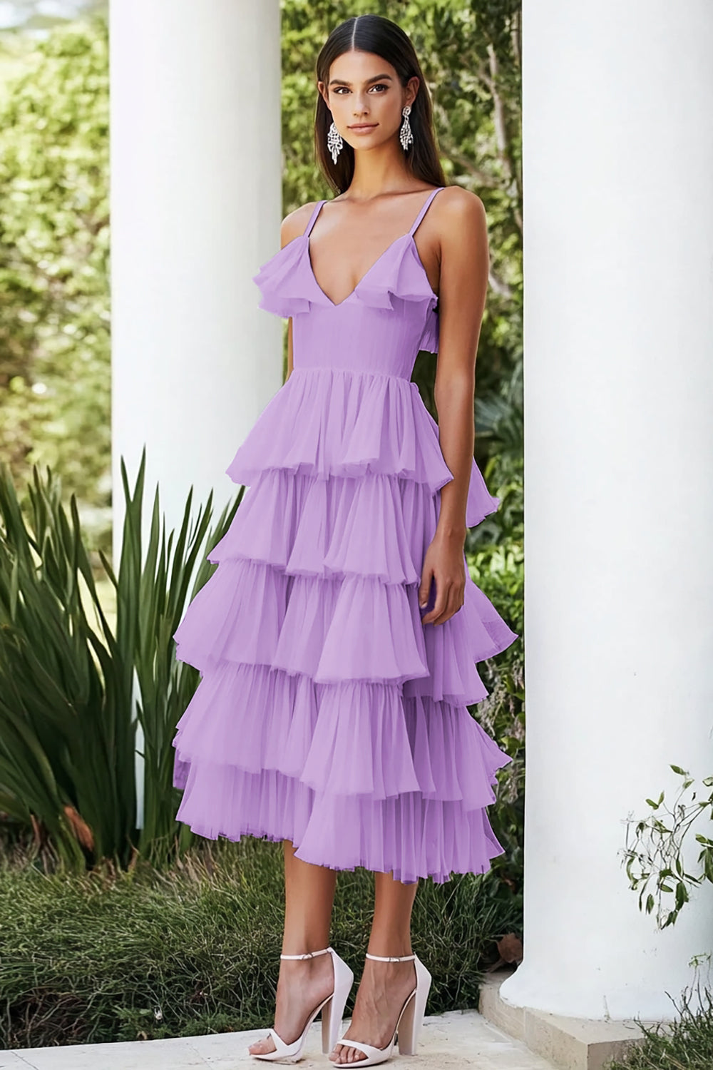 Lilac Chiffon V-Neck Tiered Mid-Calf Wedding Guest Dress