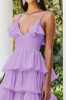 Load image into Gallery viewer, Lilac Chiffon V-Neck Tiered Mid-Calf Wedding Guest Dress