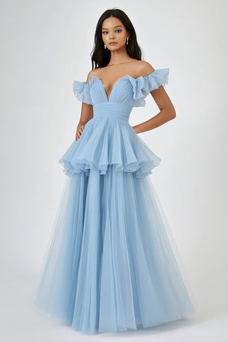 Sky Blue Off the Shoulder Tulle Tiered Long Wedding Guest Dress with Ruffles