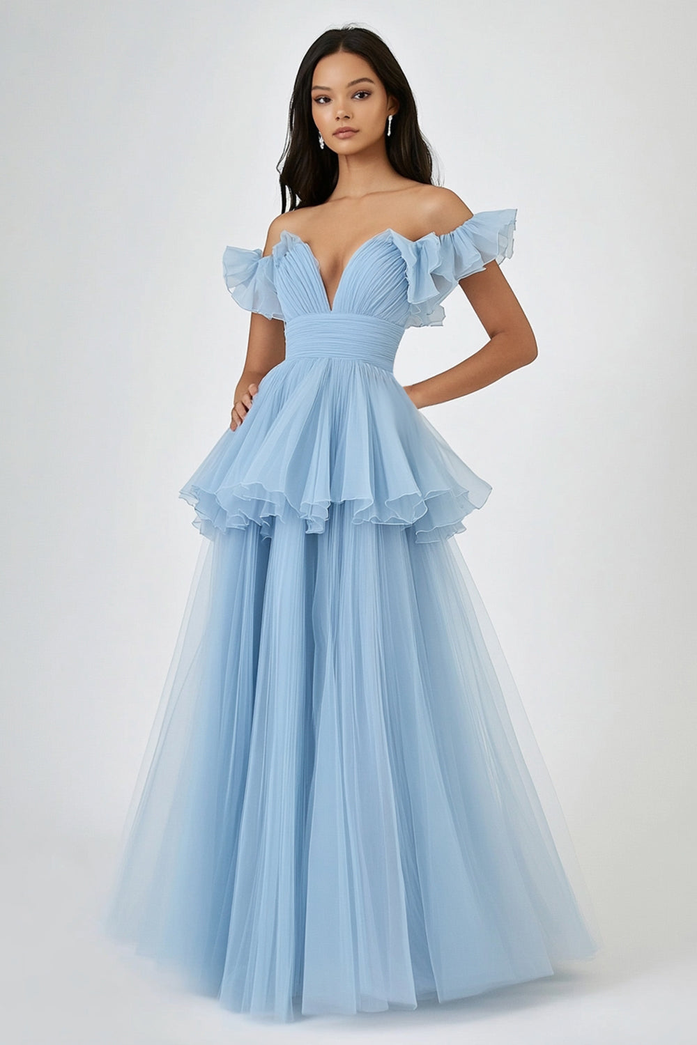 Sky Blue Off the Shoulder Tulle Tiered Long Wedding Guest Dress with Ruffles