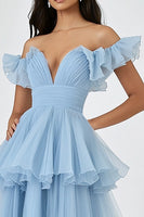Load image into Gallery viewer, Sky Blue Off the Shoulder Tulle Tiered Long Wedding Guest Dress with Ruffles