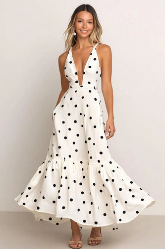 White Black Dot Deep V-Neck Satin Long Wedding Guest Dress