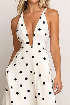 White Black Dot Deep V-Neck Satin Long Wedding Guest Dress