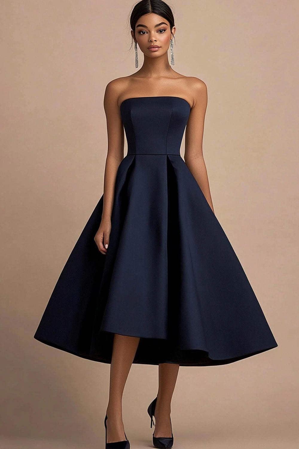 Navy Satin A Line Strapless Mid-Calf Wedding Guest Dress