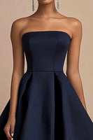 Load image into Gallery viewer, Navy Satin A Line Strapless Mid-Calf Wedding Guest Dress