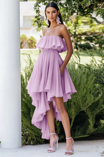 Lilac Pleated Chiffon Asymmetrical Wedding Guest Dress