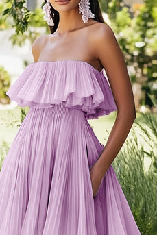 Lilac Pleated Chiffon Asymmetrical Wedding Guest Dress
