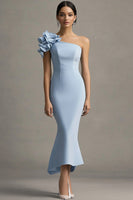 Load image into Gallery viewer, Sky Blue One Shoulder Satin Mermaid Wedding Guest Dress with Ruffles