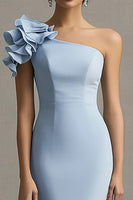 Load image into Gallery viewer, Sky Blue One Shoulder Satin Mermaid Wedding Guest Dress with Ruffles