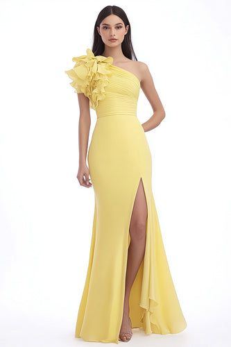Daffodil Chiffon Mermaid Ruffled Long Wedding Guest Dress with Slit