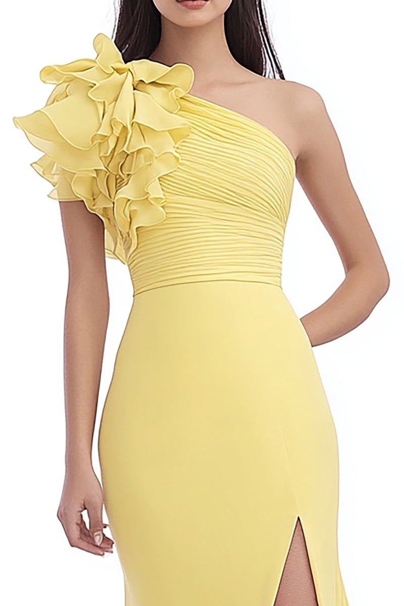 Load image into Gallery viewer, Daffodil Chiffon Mermaid Ruffled Long Wedding Guest Dress with Slit