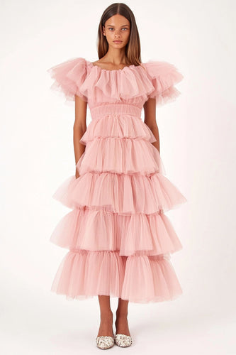 Pink Tiered Ruffled Long Wedding Guest Dress