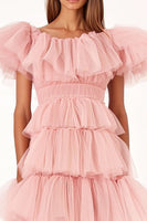 Load image into Gallery viewer, Pink Tiered Ruffled Long Wedding Guest Dress