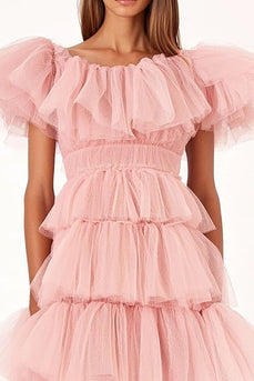 Pink Tiered Ruffled Long Wedding Guest Dress