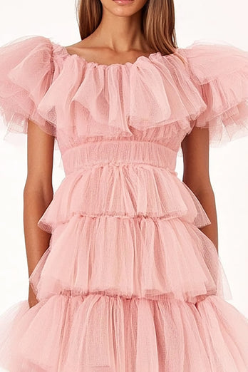 Pink Tiered Ruffled Long Wedding Guest Dress