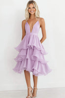 Load image into Gallery viewer, Lilac Chiffon Tiered Knee-Length Wedding Guest Dress