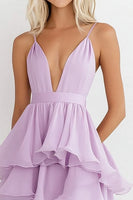 Load image into Gallery viewer, Lilac Chiffon Tiered Knee-Length Wedding Guest Dress