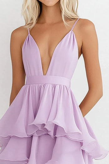 Lilac Chiffon Tiered Knee-Length Wedding Guest Dress