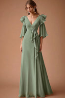 Load image into Gallery viewer, Dusty Sage A Line Chiffon Ruffled Long Wedding Guest Dress with Sash