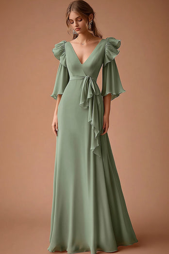 Dusty Sage A Line Chiffon Ruffled Long Wedding Guest Dress with Sash