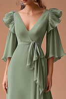 Load image into Gallery viewer, Dusty Sage A Line Chiffon Ruffled Long Wedding Guest Dress with Sash