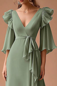 Dusty Sage A Line Chiffon Ruffled Long Wedding Guest Dress with Sash
