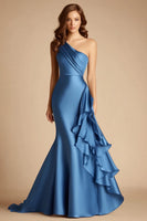 Load image into Gallery viewer, Blue Satin Mermaid One Shoulder Long Wedding Guest Dress with Ruffles