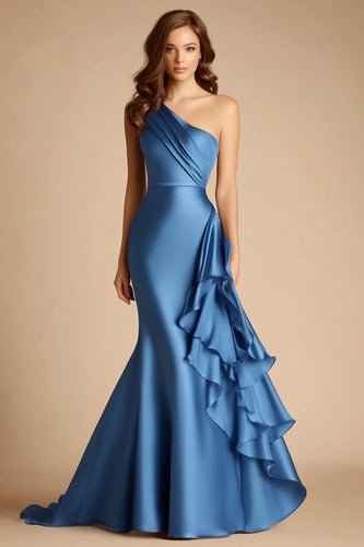 Blue Satin Mermaid One Shoulder Long Wedding Guest Dress with Ruffles