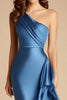 Load image into Gallery viewer, Blue Satin Mermaid One Shoulder Long Wedding Guest Dress with Ruffles
