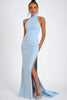 Load image into Gallery viewer, Sky Blue Satin Mermaid Long Wedding Guest Dress with Slit