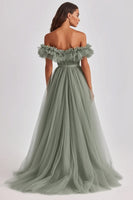 Load image into Gallery viewer, Dusty Sage Off the Shoulder Tulle Long Wedding Guest Dress with Ruffles