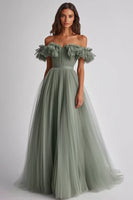 Load image into Gallery viewer, Dusty Sage Off the Shoulder Tulle Long Wedding Guest Dress with Ruffles